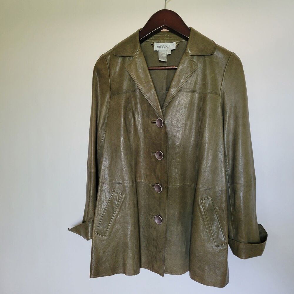 Worth Leather Moto Jacket Women's olive green Button-Up Coat Size P Pockets